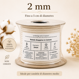 Rotolo Stoppino in Puro Cotone Non Cerato per Candele Fai da Te