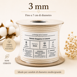 Rotolo Stoppino in Puro Cotone Non Cerato per Candele Fai da Te