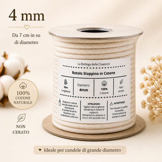 Rotolo Stoppino in Puro Cotone Non Cerato per Candele Fai da Te