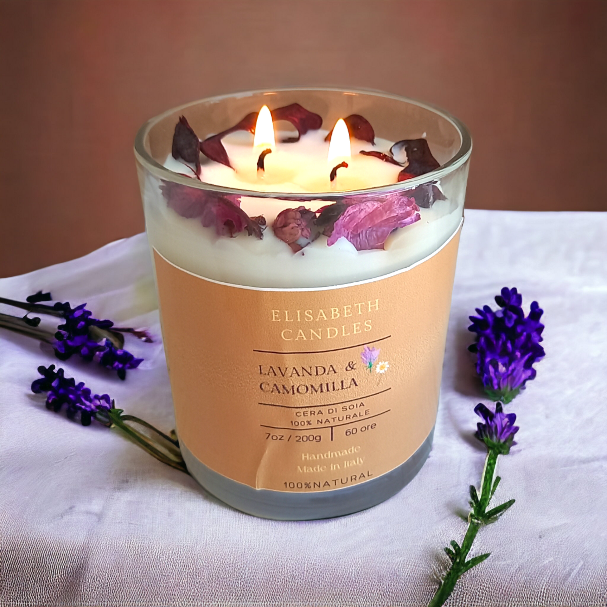 Soy wax candles decorated with natural flowers, different fragrances