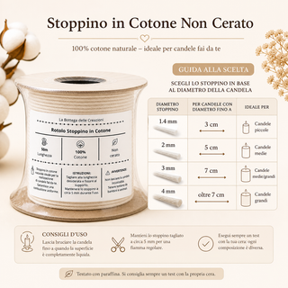Rotolo Stoppino in Puro Cotone Non Cerato per Candele Fai da Te